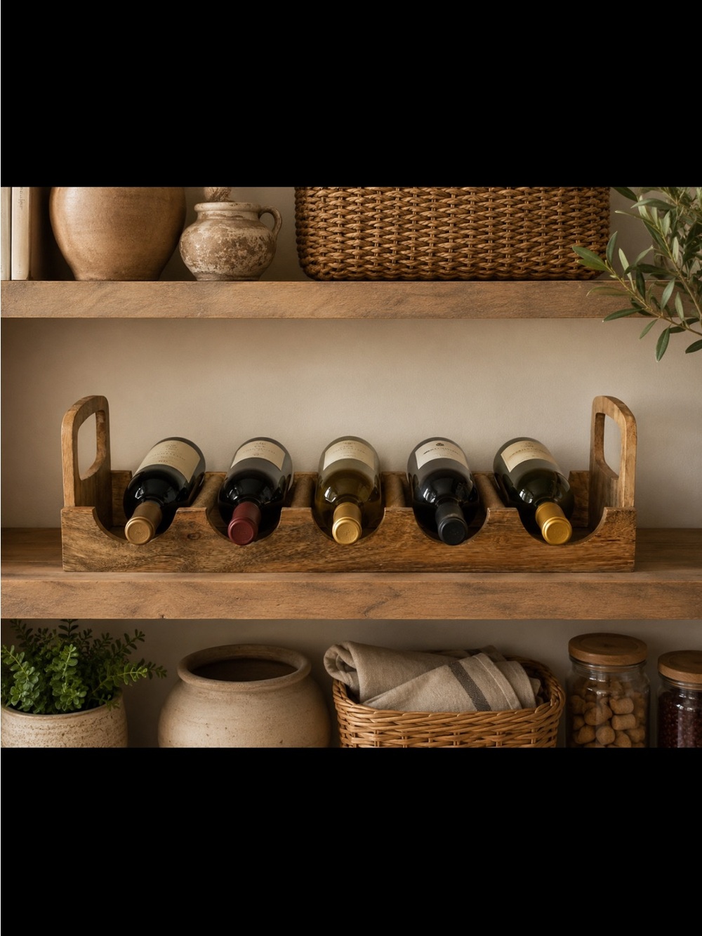 Countertop Acacia Wooden Wine Rack Bottle Holder - Natural Brown 5 Bottle 24”